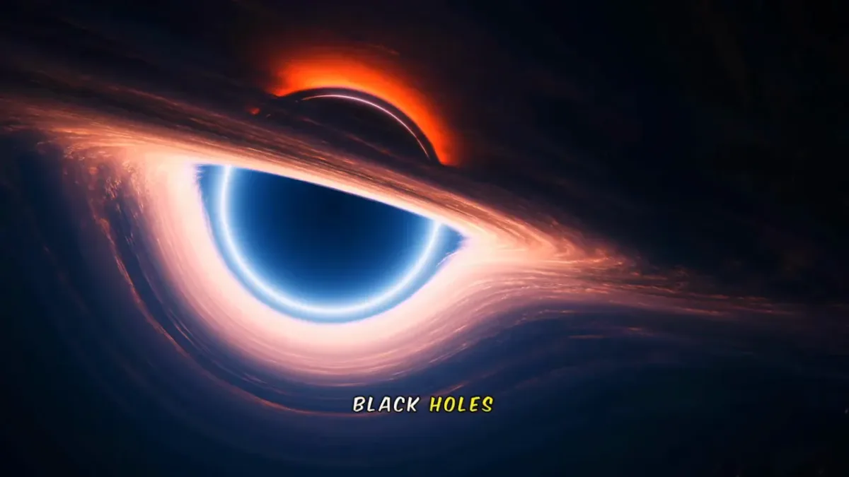 Best Faceless Video Tools on Vid.AI: What Each Plan Really Makes 4 Black hole with an orange accretion disc and blue inner ring, with burned-in captions reading black holes