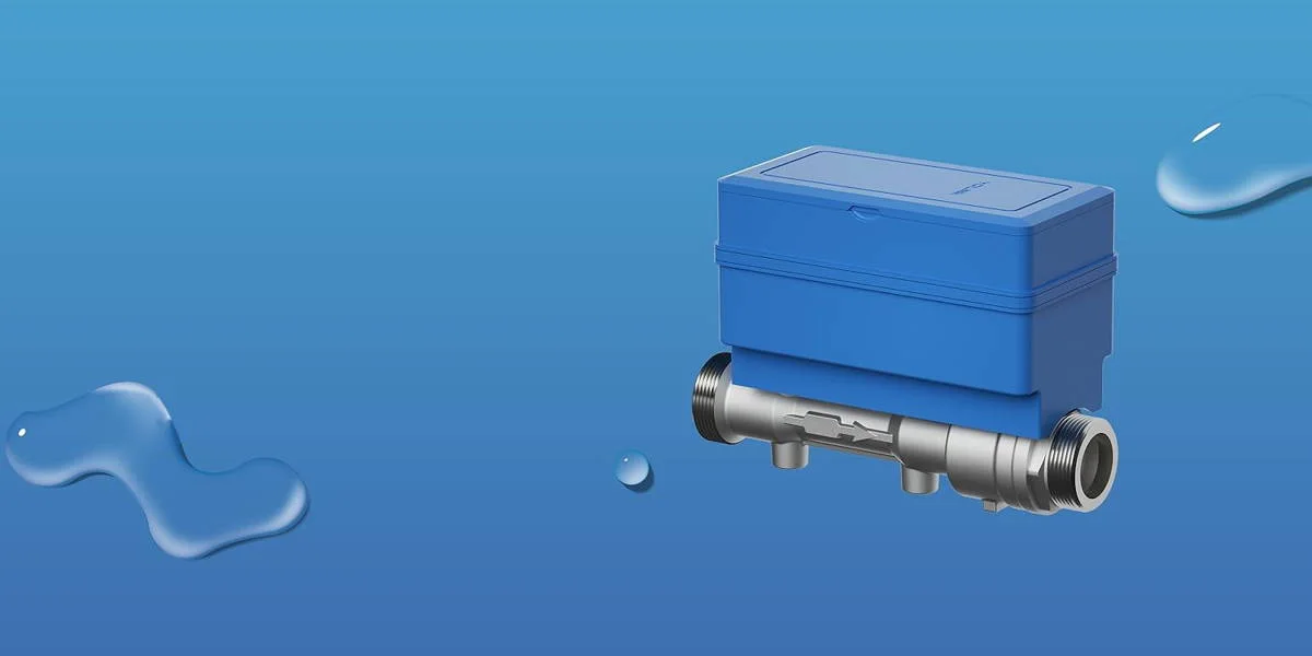 The YoLink FlowSmart All-in-One ultrasonic water meter, a blue control box on a stainless steel inline pipe section, against a blue background with water droplets