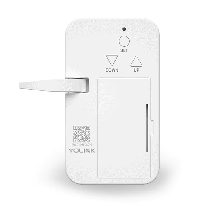 The white YoLink garage door controller with SET, DOWN and UP buttons, a QR code serial label and a protruding actuator arm