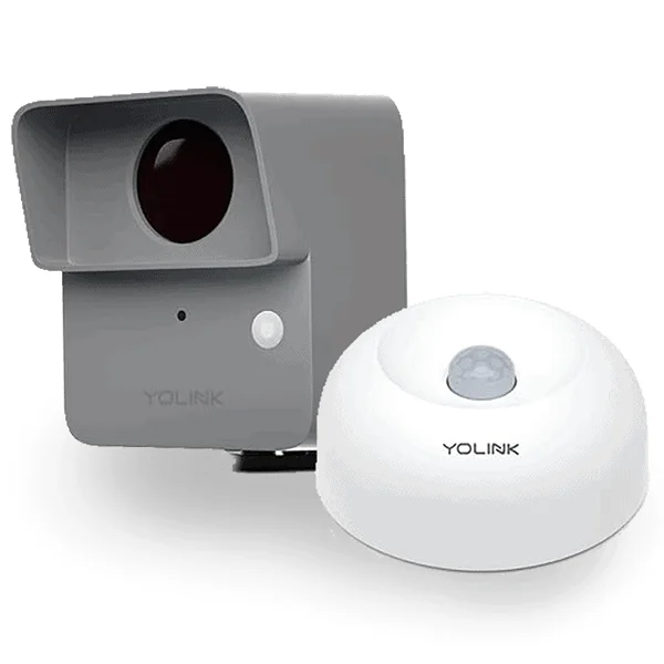 A grey YoLink outdoor motion sensor with a hooded lens next to a round white ceiling-mounted YoLink motion sensor