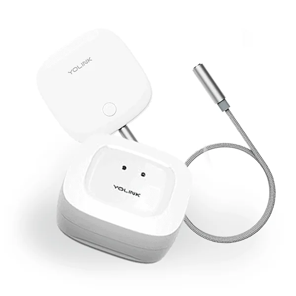 A white square YoLink water leak sensor shown with its lid open beside a second unit, connected to a braided metal corded probe